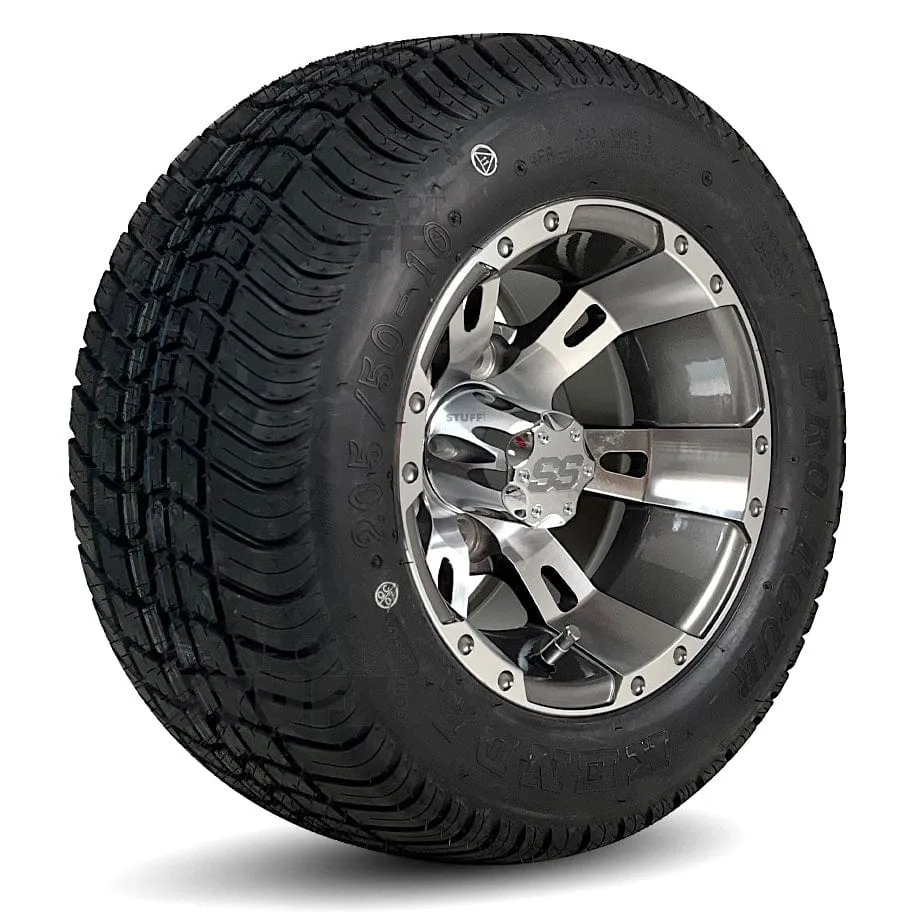 10" Stallion Gunmetal/Machined Aluminum Golf Cart Wheels and 205/50-10 Low-Profile Street & Turf Tires Combo - Set of 4