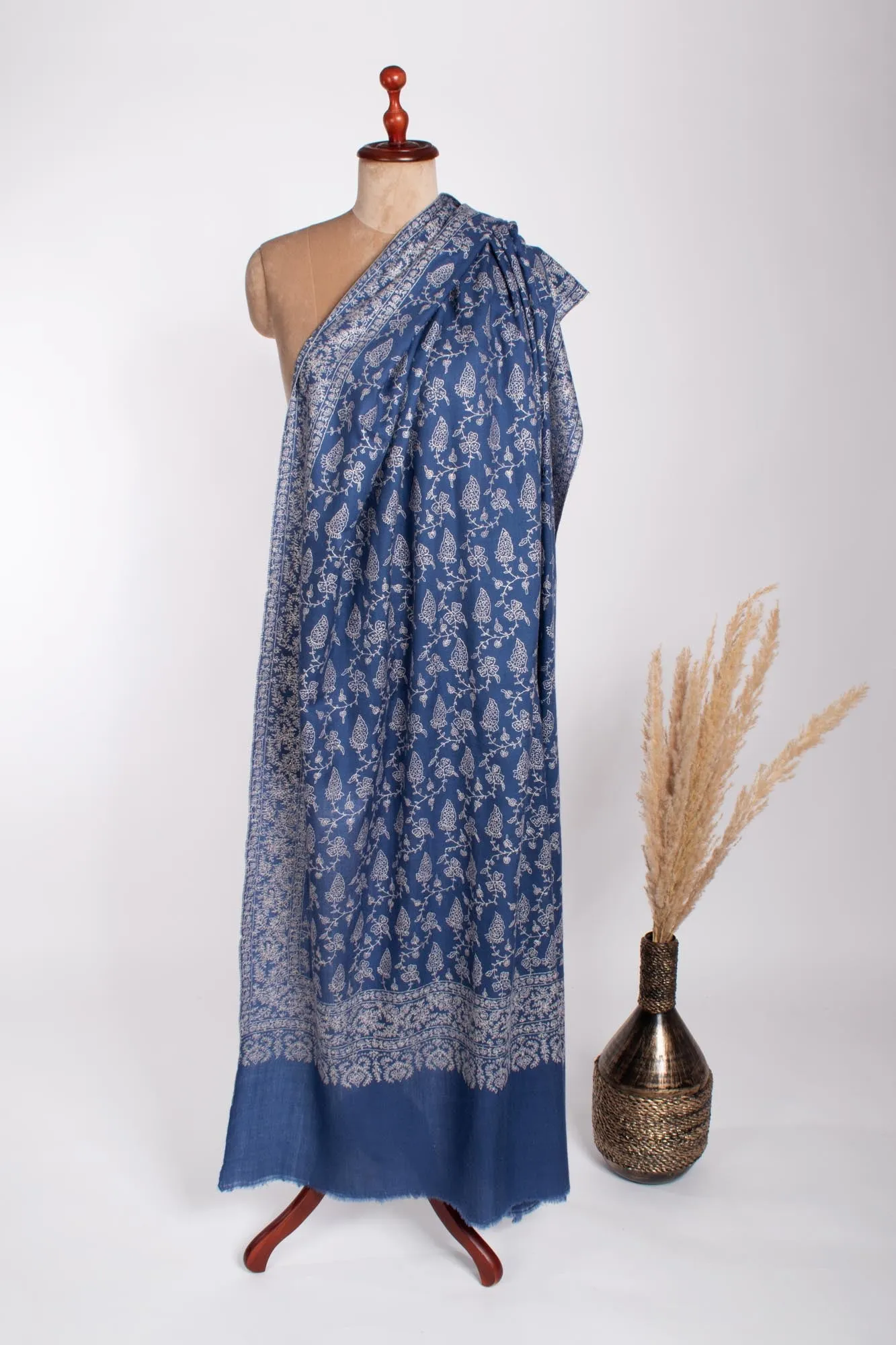 XL Kashmiri Pashmina with Blue Antique Embroidered Motif - AMBER